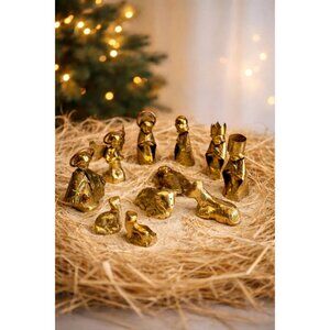 Mexico Folk Art Mini Nativity Set 10 Pc Brass Copper Artisan Made 2 1/2"